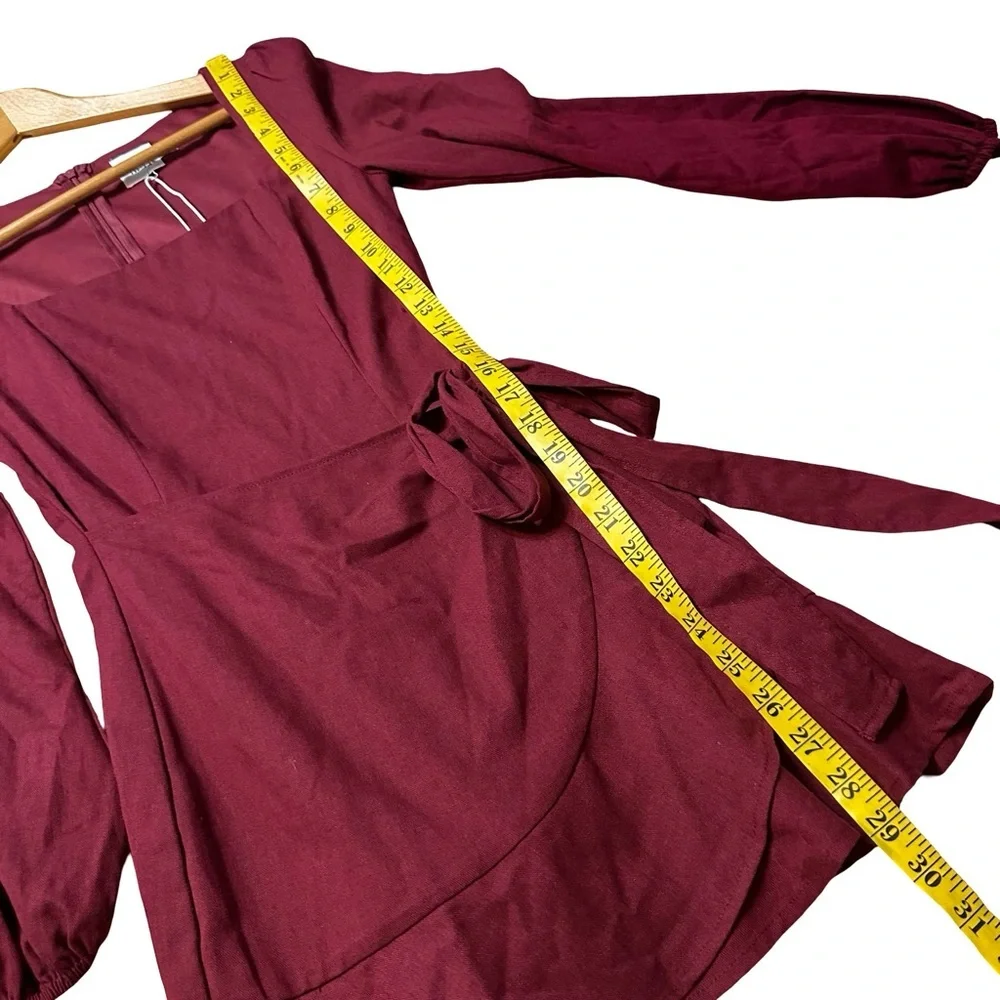 NEW Princess Polly Red Burgundy Linen Blend Long Sleeve Villa Mini Dress Size 4